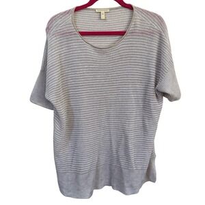 Eileen Fisher Linen Sweater Sz M‎ Beige White Striped Short Sleeve Minimalist